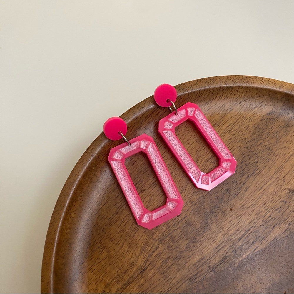 4/$15 Hot Pink Acrylic Rectangle Drop Earrings